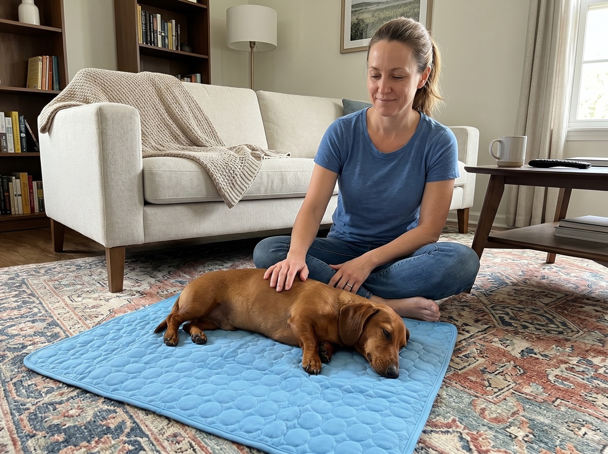 Halterin mit ihrem Hund auf der Fellido Kühlmatte