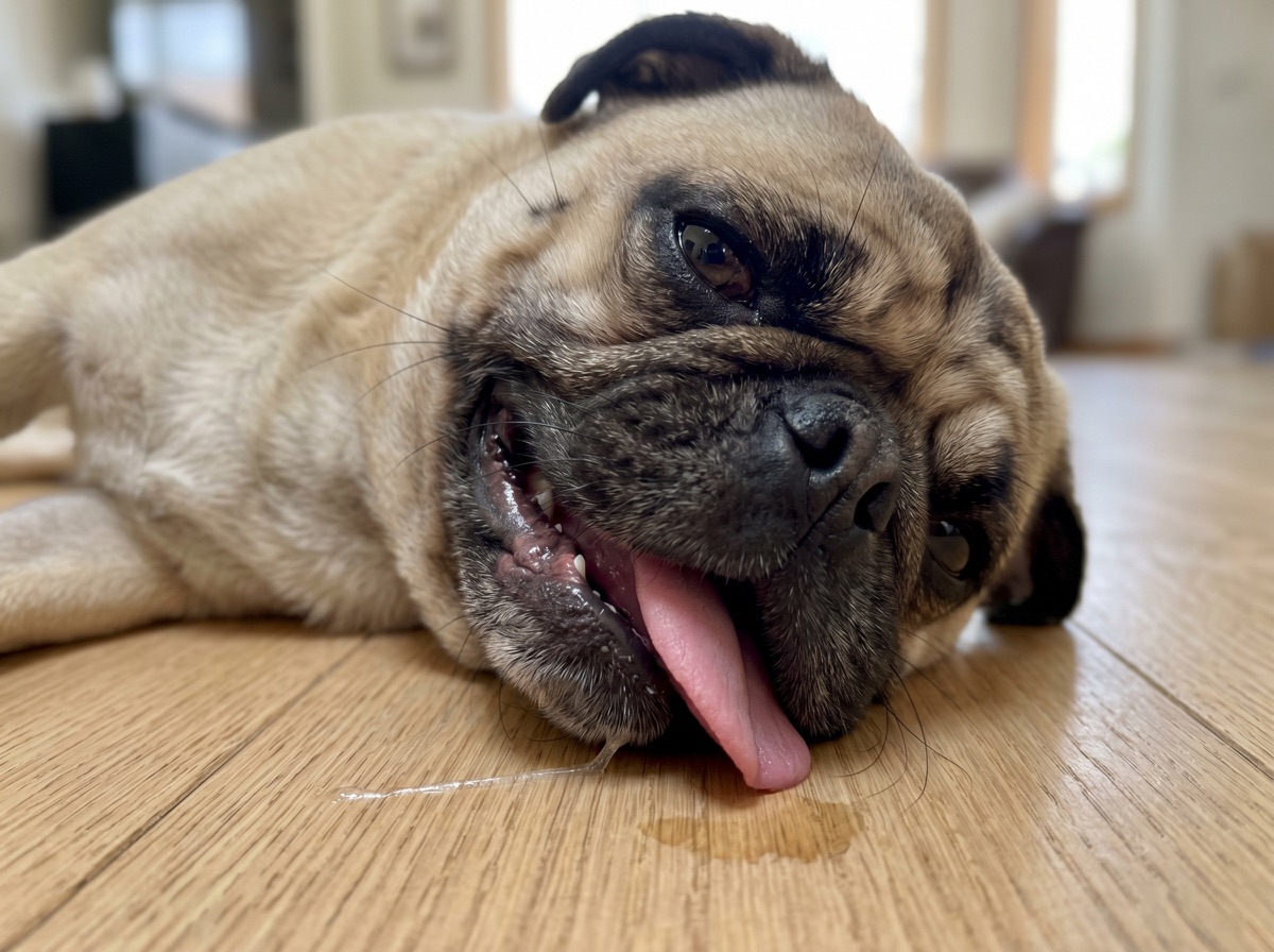 Französische Bulldogge liegt erschöpft auf dem Fliesenboden