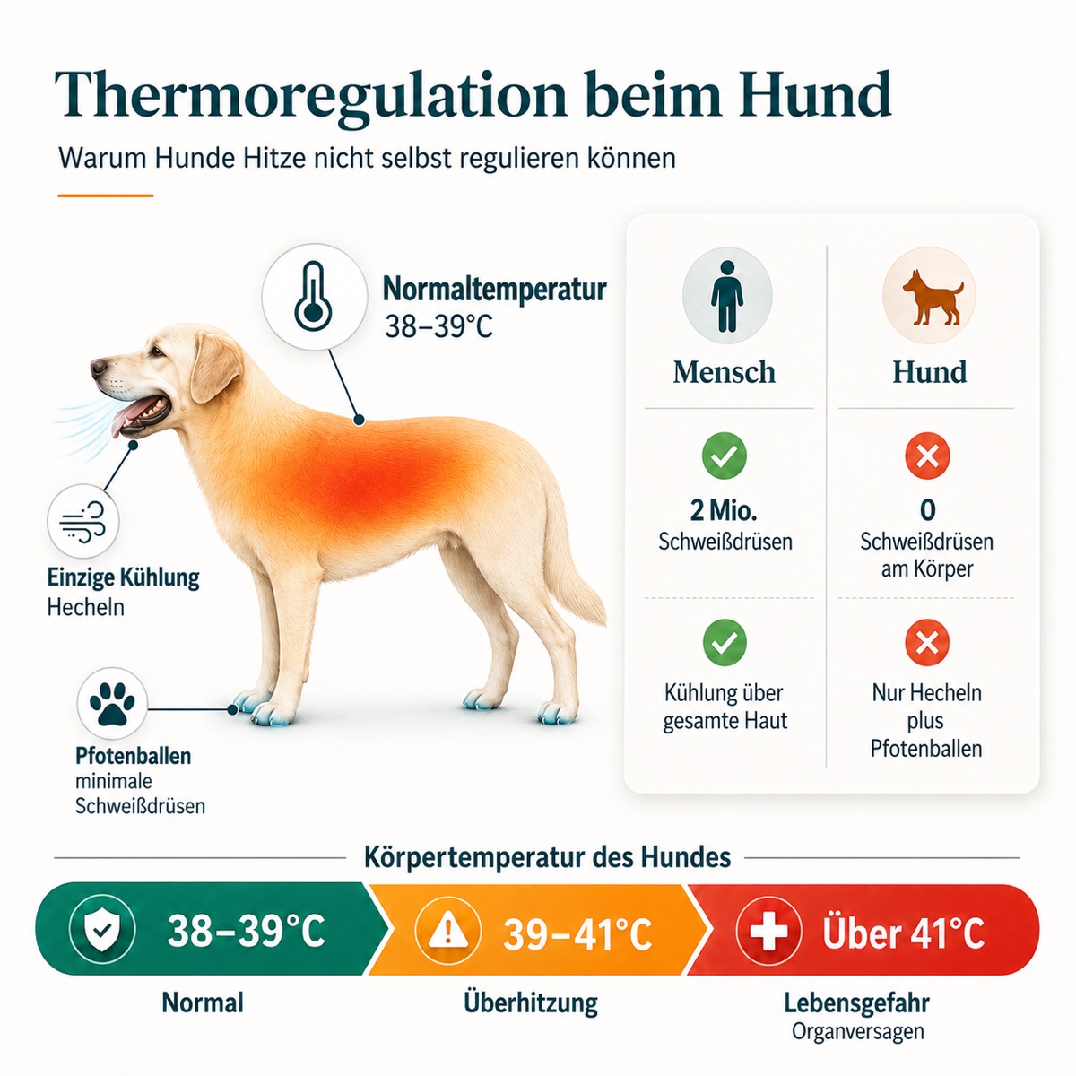 Infografik: Thermoregulation beim Hund — Wohlfühlzone vs. Belastungszone